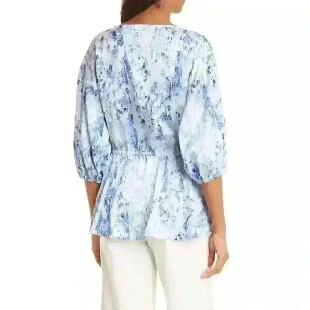 NEW Donna Karan Women's L Print V-Neck Elastic Waist Blouse • Reg Price $295 - Picture 3 of 6